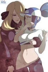 2girls age_difference bettie_(pokemon) blonde_hair blue_eyes blue_hair blush cap cynthia_(pokemon) hi_res huge_breasts imminent_sex lesbian no_panties pants_pull pokemon pokemon_masters ponytail r3dfive shaved_pussy shirt_lift size_difference small_breasts undressing undressing_another white_background yuri