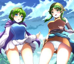 2girls ass ass_visible_through_thighs bandana big_ass blue_eyes bow_panties braid breasts cameltoe cape dress female female_only fire_emblem fire_emblem:_the_blazing_blade from_below green_eyes green_hair hairband highres long_sleeves looking_at_viewer looking_down medium_breasts medium_hair multiple_girls nino_(fire_emblem) nintendo panties panty_trim pantyshot purple_hairband rebecca_(fire_emblem) short_hair skirt twin_braids underwear upskirt white_panties white_skirt yozu_(yozu0420)