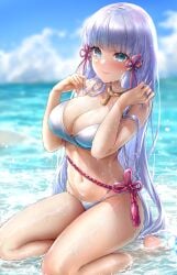 beach bikini blue_eyes blush breasts busty cleavage curvy curvy_female feet female female_only genshin_impact hi_res kamisato_ayaka large_breasts long_hair looking_at_viewer mihoyo mole mole_under_eye on_knees rei_kun seductive smile swimwear thighs water wet wet_body wet_skin white_bikini white_hair