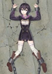 1girls ahoge alternate_version_available bare_thighs bdsm black_hair bondage boots breasts chains clothed dogansa dress female female_only femsub fire_emblem fire_emblem_awakening kaerukeroro1 long_sleeves looking_at_viewer morgan_(fire_emblem) morgan_(fire_emblem)_(female) nintendo on_back open_mouth purple_eyes shackles short_hair small_breasts solo sweatdrop thighhighs thighs