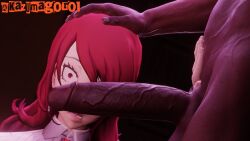 3d cock_shock dark-skinned_male dark_skin hand_on_another's_thigh interracial kazumagoro1 mitsuru_kirijo penis penis_awe persona persona_3 wide_eyed