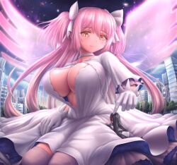 2girls akemi_homura big_breasts black_hair boob_window bow breasts cityscape closed_mouth dress frilled_dress giantess gigantic_breasts girl goddess hair_ribbon huge_boobs huge_breasts long_hair madoka_kaname magical_girl magical_girl_outfit mahou_shoujo_madoka_magica pink_hair puella_magi_madoka_magica red_ribbon ribbon ribbons size_difference smaller_female thick thick_thighs thighhighs ultimate_madoka very_long_hair wings yellow_eyes zen-gts zenkisu