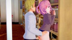 1boy 1girls 3d animated artist_request blonde bottomless doki_doki_literature_club duo duo_focus female fingernails from_behind from_behind_position hi_res highres koikatsu large_ass large_penis library library_background light-skinned_female light_skin male moan moaning moaning_in_pleasure mp4 nail_polish natsuki_(doki_doki_literature_club) no_eyes pale-skinned_female pale_skin panties_aside pink_eyes pink_hair pink_nails school_uniform schoolgirl sex sound sound_effects standing_sex uniform vaginal_penetration vaginal_sex video