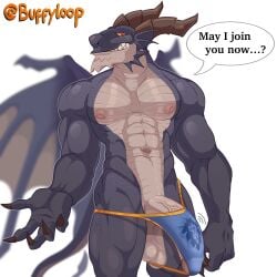 alliance_(warcraft) bara big_pecs black_scales buffyloop bulge bulge_through_clothing dracthyr dragon dragonflight gay horns male_only mandibles muscles muscular nipples pecs pectorals provocative scalie scalie_humanoid shiny_skin solo_male thong thong_panties thong_pull veiny veiny_penis warcraft wings world_of_warcraft wow yaoi