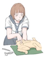 1girls balls borini brown_hair canine dog_penis female knife male mole mole_under_eye penis school_uniform schoolgirl scissors simple_background testicles white_background zoophilia
