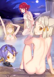 4girls armpits arms_up ass back back_view backboob bangs bare_shoulders bathing blonde_hair blue_hair blush breasts cat_ears cat_girl catgirl closed_eyes covered_nipples covering_breasts facial_markings grey_hair hot_spring kawakami_rokkaku large_breasts long_hair looking_at_another looking_at_viewer looking_back looking_back_at_viewer markings moon multiple_girls mythra_(xenoblade) naked_towel nia_(xenoblade) night night_sky nintendo nude outdoors partially_submerged poppi_(xenoblade) poppi_alpha_(xenoblade) pyra_(xenoblade) red_eyes red_hair ribbon ribbons robot robot_girl robot_humanoid short_hair silver_hair sitting small_breasts smile smiling smiling_at_viewer towel water xenoblade_(series) xenoblade_chronicles_2 yellow_eyes