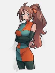 1girls 3:4 alternate_hairstyle android_21 android_21_(human) big_breasts blue_eyes breasts brown_hair dragon_ball dragon_ball_fighterz female female_only glasses kemachiku ponytail st62svnexilf2p9