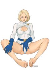 1girls artist_name barefoot big_breasts biting_lip blonde_hair blue_eyes breasts cameltoe cleavage dc dc_comics erogon feet female female_only karen_starr kryptonian leotard light-skinned_female light_skin looking_at_viewer power_girl pussy_slip short_hair simple_background soles solo solo_female solo_focus spread_legs superman_(series) toes white_background