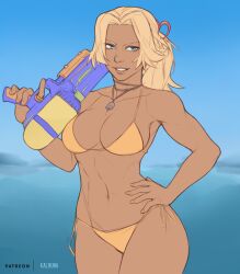 1girls alternate_costume bikini blonde_hair blue_eyes breasts catherine_(fire_emblem) dark-skinned_female dark_skin female female_only fire_emblem fire_emblem:_three_houses grin kalruna looking_at_viewer medium_breasts medium_hair nintendo ocean outdoors ponytail smile solo super_soaker sweat water yellow_bikini yellow_swimsuit