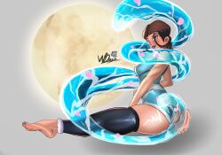 1girls avatar_the_last_airbender barefoot blue_eyes blue_lips blue_lipstick cherry_blossoms clothing dark-skinned_female dark_skin feet foot_fetish katara makeup moon small_breasts smug smug_face solo solo_female stockings tagme thick_ass thick_thighs water waterbending watermark wrose