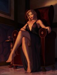 1girls atlantis:_the_lost_empire barefoot black_dress blonde_female blonde_hair chair cleavage clothed covered_breasts crossed_legs disney dress feet female female_only fireplace helga_sinclair krysdecker lipstick long_hair red_lipstick sitting sitting_on_chair solo solo_female throne toes wine