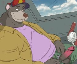 2023 anthro balls baloo bear belly clothing detailed_background disney erection genitals hat headgear headwear hi_res humanoid_genitalia humanoid_hands humanoid_penis inotetu kemono male mammal overweight overweight_male penis shirt sitting solo talespin topwear