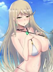 1girls 2022 bangs bikini bikini_top blonde_hair blush breasts embarrassed female female_only gold_eyes hips huge_breasts latte_daruta2 long_hair mythra nintendo outdoors slim_waist sweat sweaty_body swept_bangs white_bikini wide_hips xenoblade_(series) xenoblade_chronicles_2