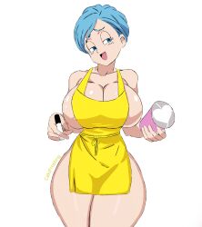 apron barista big_breasts bulma_briefs busty cakifrosting casual dragon_ball dragon_ball_super_super_hero female human outerwear pale_skin solo starbucks starbucks_meme thick_thighs