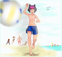 1girls animal_ears beach bob_cut cat_ears catgirl flat_chest male_swimwear_challenge short_hair tomboy topless