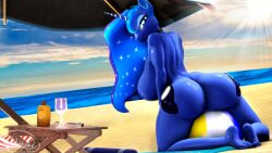 3d_(artwork) absurd_res anthro anthrofied areola barefoot beach big_breasts blue_areola blue_nipples breasts digital_media_(artwork) equid equine feet friendship_is_magic genitals hasbro hi_res horn huge_breasts looking_at_viewer looking_back looking_back_at_viewer mammal my_little_pony nipples nude princess_luna_(mlp) pussy seaside umbrella unicorn whiteskyline