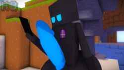 3d 3d_(artwork) big_ass big_penis blue_eyes blue_penis cave enderman femboy hb_(hb_the_ender) hbtheender holding_object male_only minecraft outside phone watermark