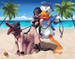 beach donald_duck duck fishnets hat heels high_resolution latina leash sand threesome trio