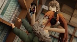 arm_on_shoulder blowjob books boots_only cum cum_drip cum_dripping cum_dripping_out_of_pussy cum_in_pussy cum_inside cum_on_ass fellatio goro_akechi kazumagoro1 library persona persona_5 phone photographic_proof sakura_futaba shirt_open taking_picture