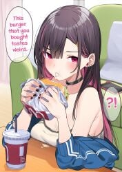 1girls ?! bangs black-haired_girl_(motto_notto) black_hair blush burger clothed cum cum_burger cum_drip cum_in_burger cum_in_food cum_in_mouth drink eating eating_food english_text female food food_wrapper long-haired_girl_(motto_notto) long_hair looking_at_viewer motto_notto multicolored_hair original pov surprised text text_bubble