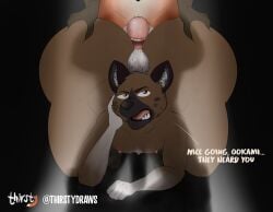 absurd_res aggressive_retsuko anal anal_sex anthro ass balls big_butt big_penis butt_grab canid canine canis dialogue digital_media_(artwork) duo english_text fur genitals haida hand_on_butt hi_res huge_butt hyaenid hyper hyper_butt male male/male male_only male_penetrated male_penetrating male_penetrating_male mammal maned_wolf nipples nude office ookami_(aggretsuko) open_mouth penetration penis sanrio sex smooth_fur spotted_hyena text thirstydraws