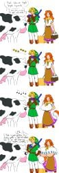 1boy 1girls alternate_version_available big_breasts blonde_hair blue_eyes blush bovine breast_expansion breasts breasts_bigger_than_head closed_eyes clothing color colored comic cow_ears cow_girl cow_horns cow_tail cow_transformation edit elf_ears embarrassed english_text epona's_song female funny growth huge_breasts humor link link_(ocarina_of_time) long_hair long_red_hair malon matsu-sensei nintendo ocarina ocarina_of_time ocarina_of_time_(instrument) red_hair speech_bubble text the_legend_of_zelda the_legend_of_zelda:_ocarina_of_time transformation underboob