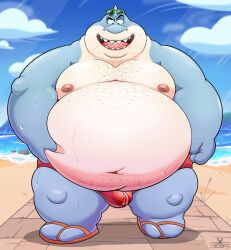 1boy 2022 anthro beach belly big_belly bulge clothing cloud detailed_background dreamworks fish footwear hi_res male male_only marine moobs mr._shark_(the_bad_guys) navel nipples obese obese_male outside overweight overweight_male sandals seaside shark solo speedo stompsthecroc swimwear the_bad_guys water