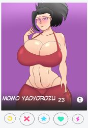 1girls big_ass big_breasts breasts cellphone cleavage female galme-way huge_breasts iphone momo_yaoyorozu my_hero_academia photo seductive standing thick_thighs tinder_(app)