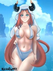 1girls accessory bikini dancer dancer_outfit genshin_impact hips holding_panties horns huge_breasts khanigore nail_polish nails nilou_(genshin_impact) nipple_bulge red_hair smiling thick_thighs turquoise_eyes