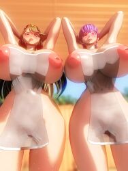 286c 2girls 3d ayane_(doa) big_breasts blonde_hair breasts dead_or_alive female female_only hourglass_figure human large_breasts light-skinned_female light_skin long_hair mythra mythra_(xenoblade) nude nude_female outdoors purple_hair red_eyes short_hair xenoblade_(series) xenoblade_chronicles_2 yellow_eyes