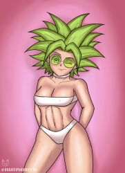 abs blue_eyes dragon_ball dragon_ball_super dragon_ball_z earrings fluffyvendetta fusion glasses green_hair kefla pink_background spiked_hair sports_bra sportswear toned