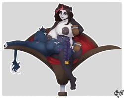 anthro big_breasts black_hair blizzard_entertainment boob_hat bovid bovine breasts countershaded_torso countershading duo female female/female giant_panda hair hand_holding highlights_(coloring) huge_breasts ikusame indigo_fur mammal nipples nude pandaren red_highlights rumpaf simple_background sitting slightly_chubby smile tankard tauren ursid video_games warcraft white_body white_countershading