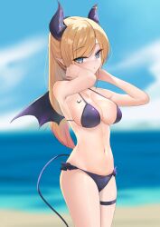 1girls absurdres bare_shoulders beach bikini blonde_hair blue_eyes blurry blurry_background breasts bright_pupils cleavage closed_mouth cowboy_shot demon demon_girl demon_horns demon_tail demon_wings eyebrows_visible_through_hair female from_side hands_on_own_neck highres hololive hololive_gen_2 hololive_japan horns large_breasts light-skinned_female light_skin long_hair looking_at_viewer navel ocean pointy_ears rifufu succubus swimsuit tail tattoo thigh_strap tsurime virtual_youtuber wings yuzuki_choco