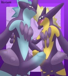 2022 absurd_res amped_toxtricity anthro balls digital_media_(artwork) duo erection genitals hi_res humanoid_genitalia humanoid_penis looking_at_viewer low_key_toxtricity male male/male male_only nintendo open_mouth penis pokémon_(species) pokemon presenting purple_body scalie simple_background smile tongue touching_penis toxtricity varium video_games