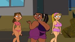 3girls areola_slip courtney_(tdi) dark-skinned_female female female_only huge_breasts leshawna_(tdi) light-skinned_female lindsay_(tdi) multiple_girls nightgown overflowing_breasts plump screenshot_edit silverfox12 thick_thighs third-party_edit total_drama_island transparent_clothing underboob wide_hips