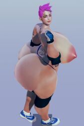 3d 3d_(artwork) ass_bigger_than_head big_ass big_breasts blizzard_entertainment elbow_pads gloves green_eyes honey_select honey_select_2 huge_areolae huge_ass huge_breasts light-skinned_female muscular muscular_female overwatch pale-skinned_female pale_skin pink_hair puffy_nipples randoxwando short_hair simple_background sweat thong thong_aside tongue wet_skin wide_shoulders zarya