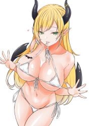 absurdres areola_slip asymmetrical_hair bangs bare_shoulders bikini blonde_hair breast_tattoo breasts cleavage demon demon_girl demon_horns demon_wings female green_eyes halterneck heart highres hololive hololive_gen_2 hololive_japan horns kokechan large_breasts long_hair looking_at_viewer navel parted_lips pointy_ears shiny shiny_hair side-tie_bikini sidelocks simple_background solo string_bikini succubus swimsuit tattoo very_long_hair virtual_youtuber white_background white_bikini winged_heart wings yuzuki_choco