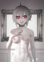 1girls abs amano_pikamee black_fingernails black_lipstick breasts casual_nudity choker cross eyebrows_visible_through_hair eyeshadow headband light_skin naked nonsexual_nudity nude nude_female putcher red_eyes solo_female virtual_youtuber voms_project white_hair white_skin