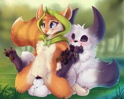 anthro arctic_fox balls bulge canid canine darwin_(oc) dota dota_2 duo female feral fox genitals hoodwink_(dota) knot knotting male male/female mammal restraints rodent sciurid stomach_bulge tree_squirrel vaginal_knotting video_games xilrayne