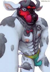 1boy animal_mask anthro bovid bovine chain_collar clothing collar huffaromas jockstrap looking_at_viewer male male_only mammal mask muscular pup_mask solo underwear yagi_b._(artist)