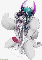 after_sex anthro blue_hair bodily_fluids canid canine canis cum cum_everywhere cum_in_mouth cum_inside domestic_dog fur genital_fluids hair huffaromas looking_at_viewer male mammal messy solo white_body white_fur yagi_b._(artist)