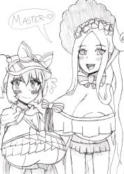 2girls abigail_williams_(fate/grand_order) abigail_williams_(swimsuit_foreigner)_(fate) alternate_breast_size black_and_white dialogue english_text fate/grand_order fate_(series) frametrap gigantic_breasts grayscale huge_breasts hyper_breasts illyasviel_von_einzbern illyasviel_von_einzbern_(swimsuit_archer)_(fate) monochrome shortstack text traditional_media_(artwork)