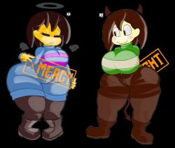 2d 2girls angel_and_devil angel_wings black_background blush brown_hair brown_pupils busty chara closed_eyes devil_horns devil_tail fight frisk gameplay_mechanics greenclops halo holding_object human multiple_girls shorts shortstack simple_background sweat teapot_(body_type) thick_thighs undertale undertale_(series) white_skin wide_eyed wide_hips yellow_skin