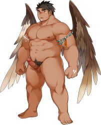 1boy animal_skull another_eidos-r another_eidos_of_dragon_vein_r bara black_hair blush brown_wings censored completely_nude dark-skinned_male dark_skin erection facial_mark full_body highres jewelry kuro_nezumi_inu large_pectorals long_sideburns looking_at_viewer male male_focus male_only male_pubic_hair mosaic_censoring musclegut muscular muscular_male native_american necklace non-web_source nude official_art pants pectorals plump pubic_hair short_hair siddeley_(another_eidos) sideburns solo sweatdrop thick_eyebrows transparent_background tribal tribal_male wings