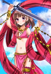 1girls 74 7774 alternate_costume breasts brown_hair cleavage cosplay crossover dancer earrings female female_only fire_emblem fire_emblem:_genealogy_of_the_holy_war lene_(fire_emblem)_(cosplay) munakata_atsumi nintendo ponytail purple_eyes short_hair small_breasts smile solo sword the_idolm@ster the_idolm@ster_cinderella_girls weapon