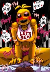 1boy animatronic beakless big_breasts blush breasts cowgirl_position english_text female femdom five_nights_at_freddy's five_nights_at_freddy's_2 lewdbuang moaning navel open_mouth panties pink_panties rape robot robot_girl robot_humanoid robot_joints robotic_arm saliva squatting_cowgirl_position text text_bubble thick_thighs toy_chica_(fnaf) vaginal_penetration