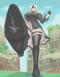 1girls blindfold breasts clothing elraz18 female female_only giantess light-skinned_female light_skin macro nier nier:_automata short_hair skirt skirt_lift solo solo_female thighhighs white_hair yorha_2b