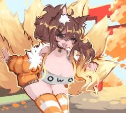 big_breasts breasts brown_hair choker cyclea deuce_jeuce fang female female_only femi_colon femicolon fox fox_ears fox_girl fox_tail foxgirl gd_colon genderswap_(mtf) geometry_dash kitsune light-skinned light-skinned_female light_skin nine_tailed_fox open_mouth orange_jacket orange_thighhighs owo rule_63 thighhighs