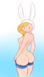 1girls 2016 adventure_time areolae back_view bottomwear breasts cartoon_network clothing dolphin_shorts fionna_the_human_girl genosaurer_(artist) hat human long_hair looking_at_viewer mob_face nipples nude nude_female orangeorangy pale_skin shorts shoulders solo solo_female solo_focus standing taking_clothes_off thighs topless_female