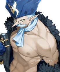 abs genshin_impact glasses goes_hard keiryuu_seo long_nose male male_only moustache muscular muscular_male nude nude_male pulcinella_(genshin_impact) solo